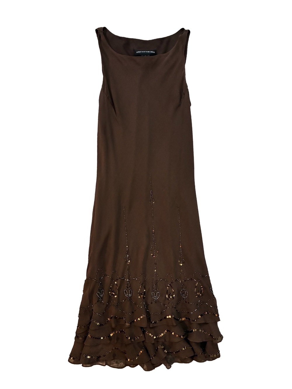 Vintage Jones New York Brown Beaded Sequin Ruffle Midi Dress Y2K | Size 12